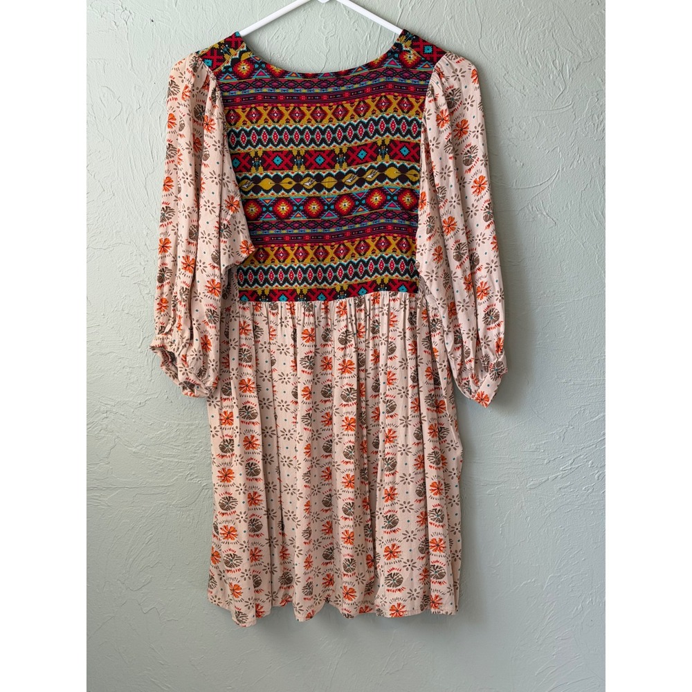 Umgee ‎ Boho Mixed Print Babydoll Tunic Dress Womens Pink Geometric M - Picture 2 of 6